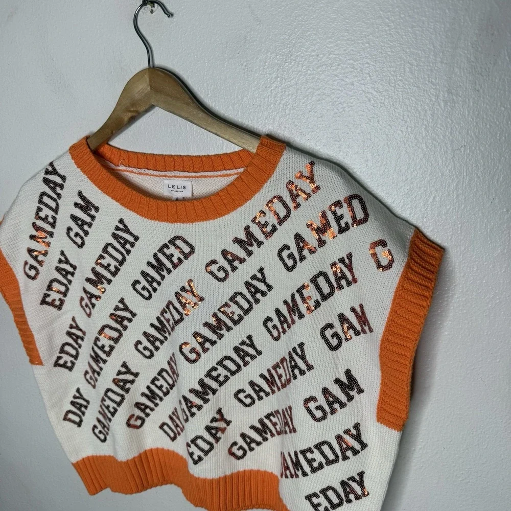 New Le Lis Game Day Sequin Orange White Boxy Sweater Short Sleeve Women's Small